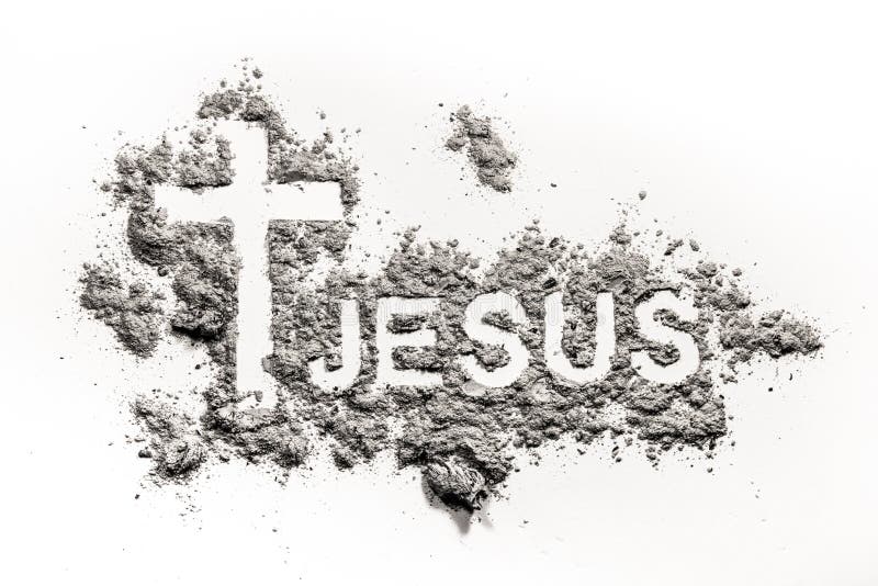 Word Jesus and christian cross or crucifix made in ash stock image