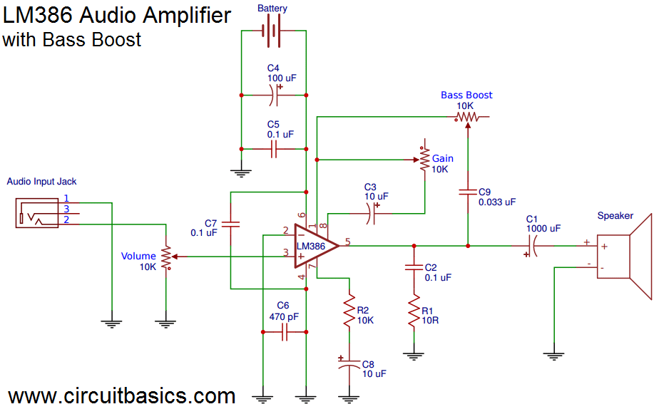 Build a Great Sounding Audio Amplifier (with Bass Boost) from the LM386 - Amplifier With Bass Boost Schematic