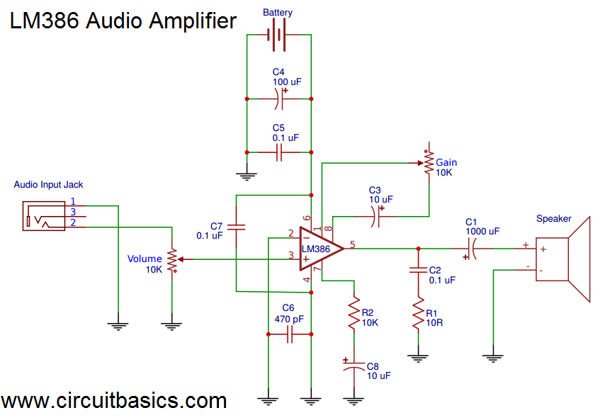 Build a Great Sounding Audio Amplifier (with Bass Boost) from the LM386 - Amplifier With Gain Schematic