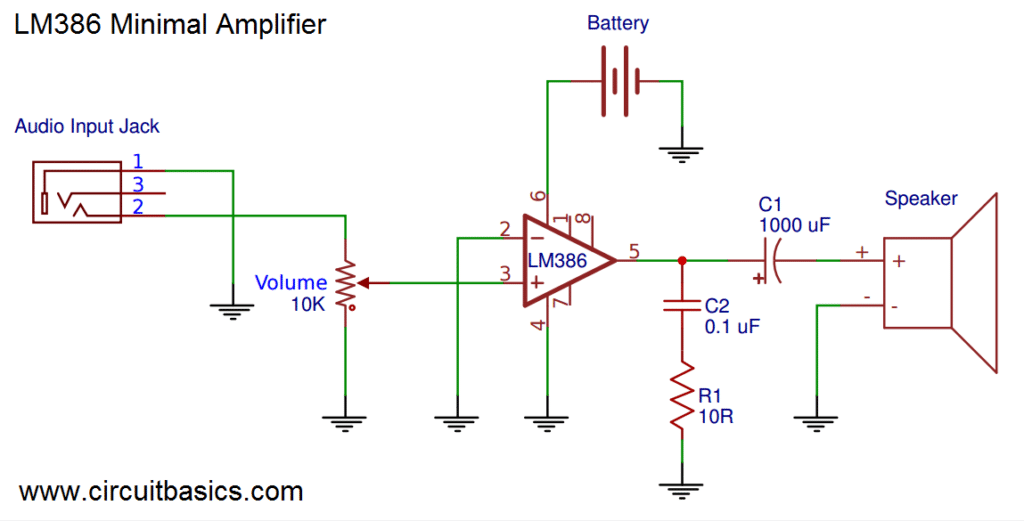 Build a Great Sounding Audio Amplifier (with Bass Boost) from the LM386 - Minimal Amplifier Schematic