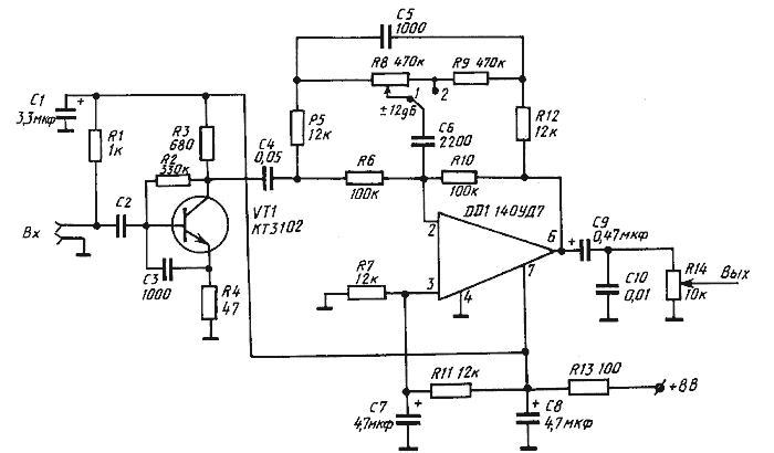 Простая схема микрофонного усилителя на одном транзисторе