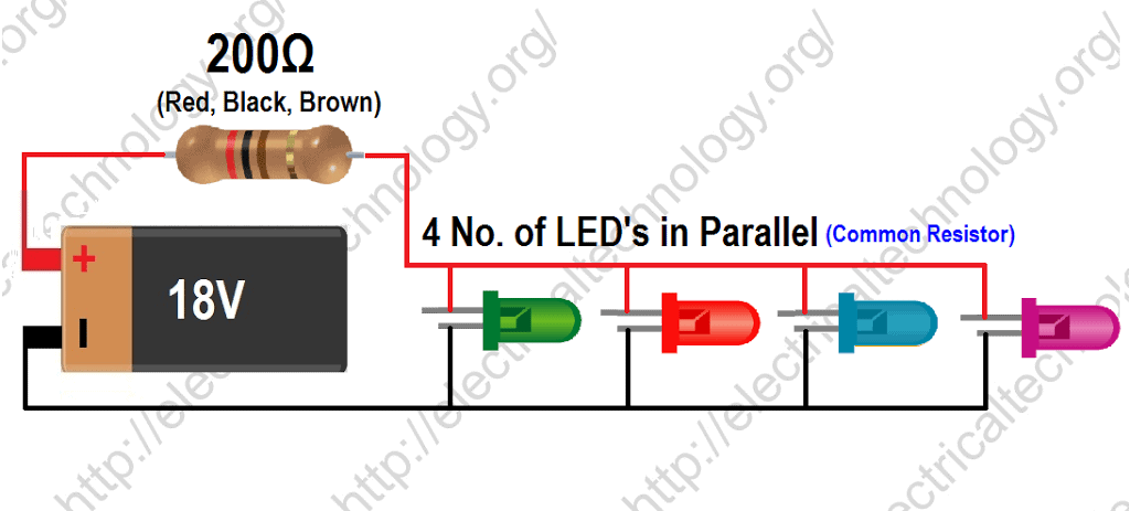 Formula for finding the value of resistors to connect LED’s in Parallel With Common Resistor