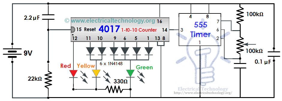Traffic Light Control Electronic Project using IC 4017 Counter & 555 Timer